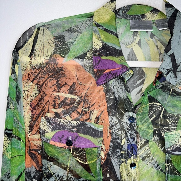 Chico's 100% Silk Button Front Blouse-Multicolor-Long Roll Tab Sleeves-Small - Picture 3 of 9